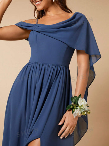 Asymmetrical Neck Split Thigh Chiffon Bridesmaid Dress
