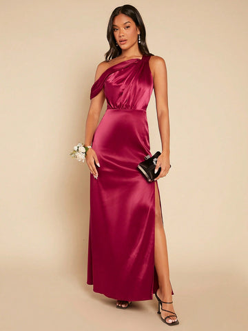 Asymmetrical Neck Split Thigh Satin Dress