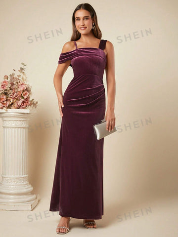 Asymmetrical Neck Velvet Formal Dress