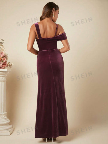 Asymmetrical Neck Velvet Formal Dress
