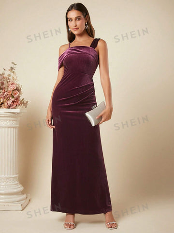 Asymmetrical Neck Velvet Formal Dress