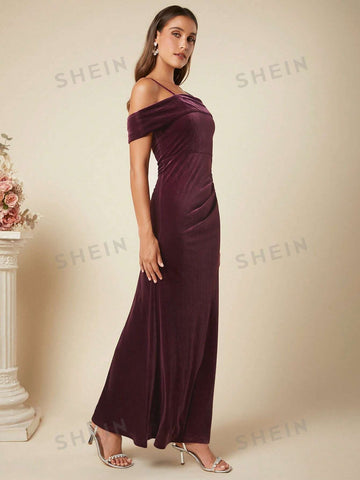 Asymmetrical Neck Velvet Formal Dress
