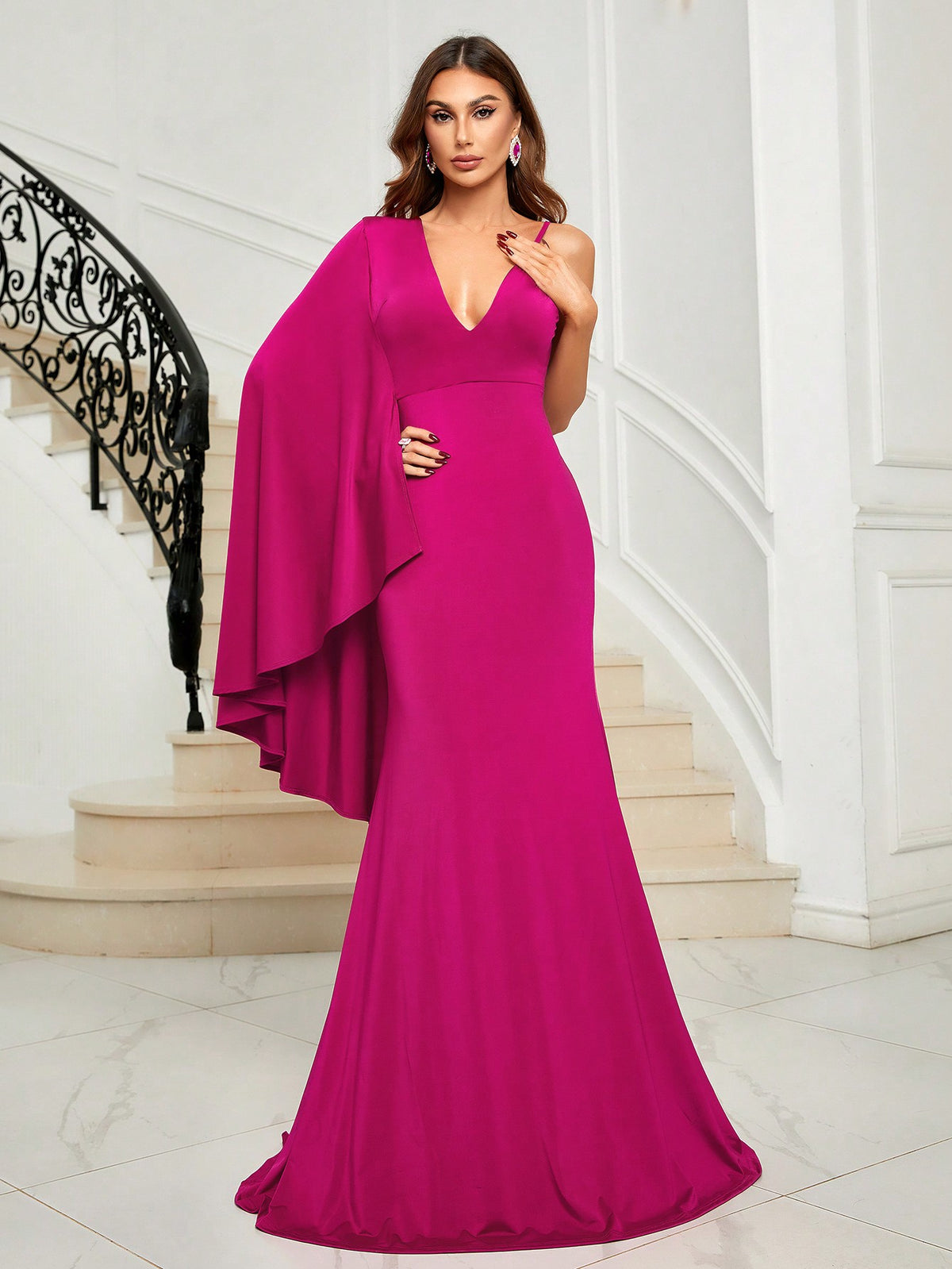 Asymmetrical Shoulder Cloak Sleeve Mermaid Hem Formal Bridesmaid Dress