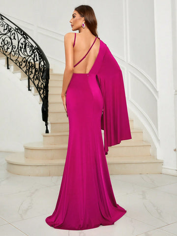 Asymmetrical Shoulder Cloak Sleeve Mermaid Hem Formal Bridesmaid Dress