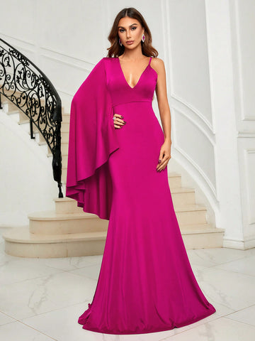 Asymmetrical Shoulder Cloak Sleeve Mermaid Hem Formal Bridesmaid Dress