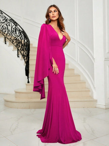 Asymmetrical Shoulder Cloak Sleeve Mermaid Hem Formal Bridesmaid Dress