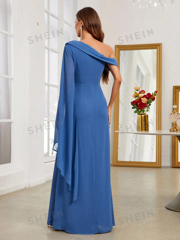 Asymmetrical Shoulder Cloak Sleeve Split Thigh Chiffon Bridesmaid Dress