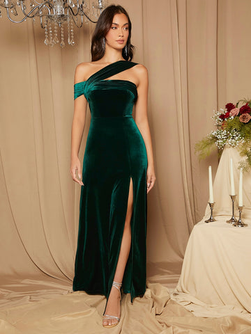 Asymmetrical Shoulder Split Thigh Velvet Bridesmaid Dress