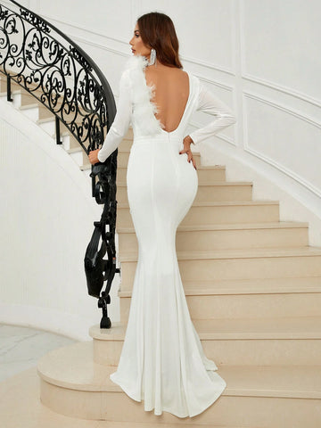 Backless Fuzzy Trim Floor Length Wedding Dress