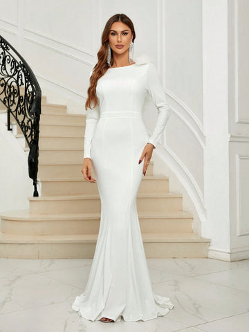 Backless Fuzzy Trim Floor Length Wedding Dress