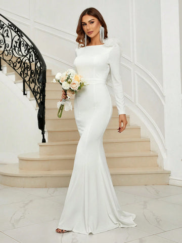 Backless Fuzzy Trim Floor Length Wedding Dress