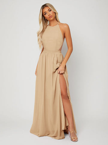 Backless Halter Neck Slit Thigh Prom Dress