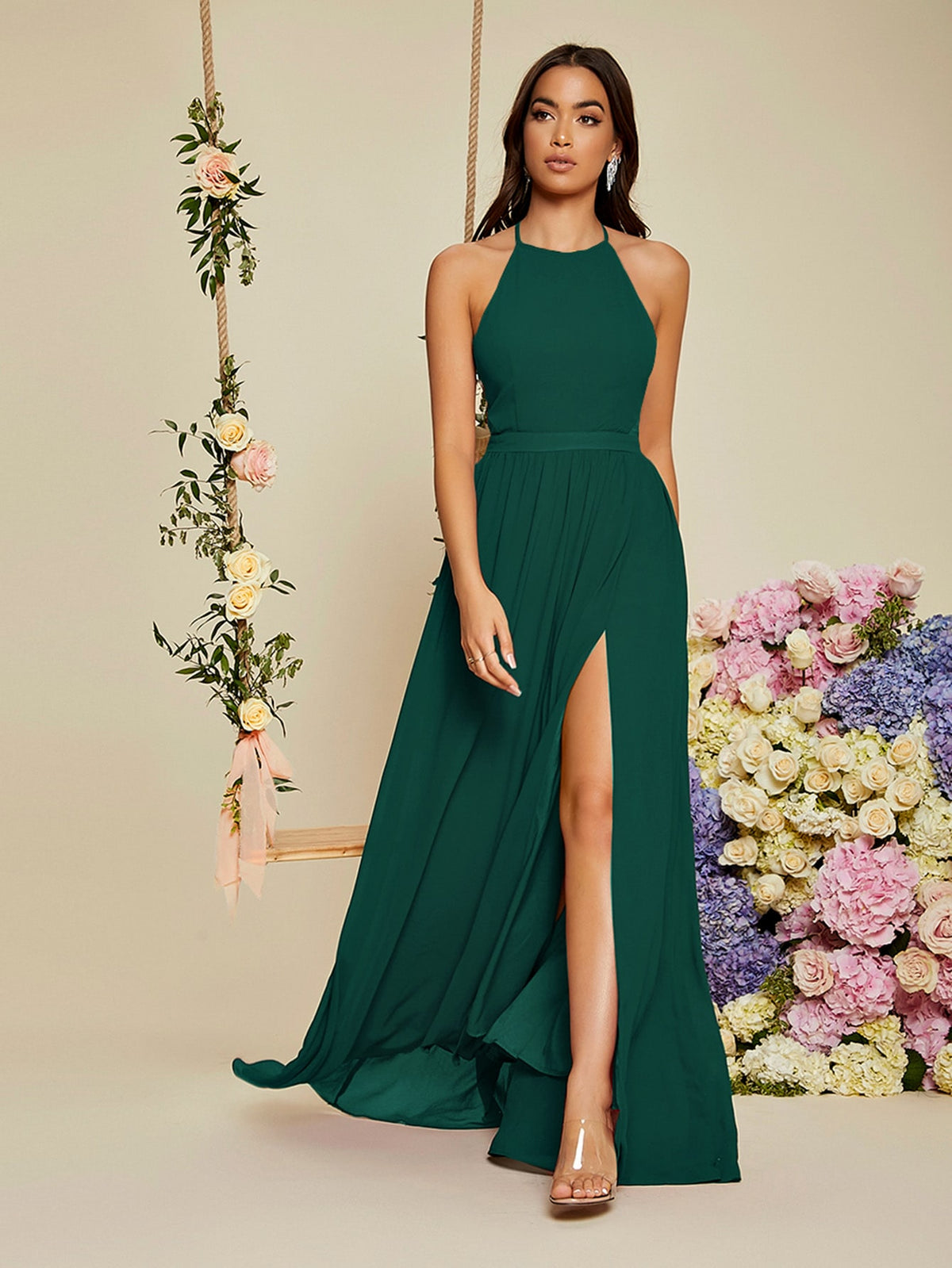 Backless Halter Neck Slit Thigh Prom Dress