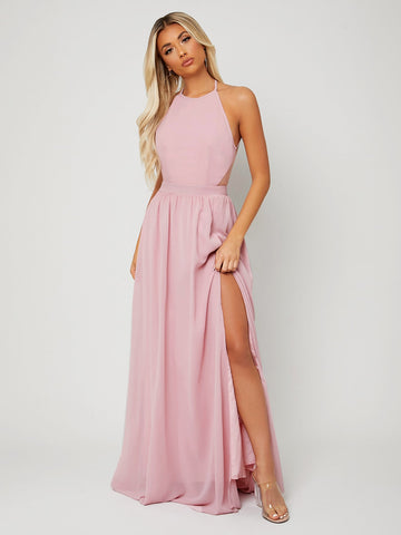 Backless Halter Neck Slit Thigh Prom Dress