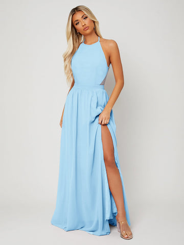 Backless Halter Neck Slit Thigh Prom Dress