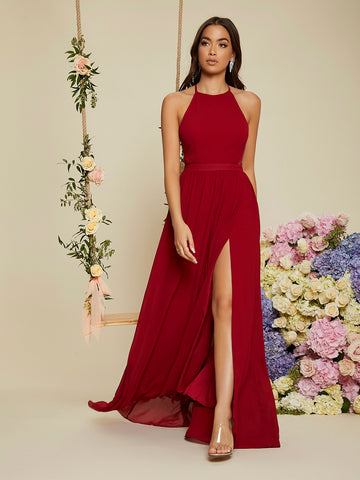 Backless Halter Neck Slit Thigh Prom Dress