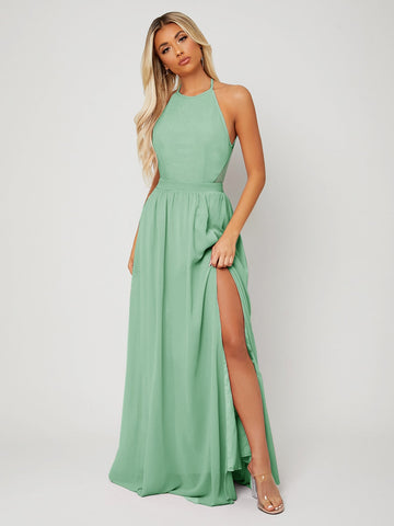 Backless Halter Neck Slit Thigh Prom Dress