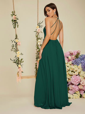Backless Halter Neck Slit Thigh Prom Dress