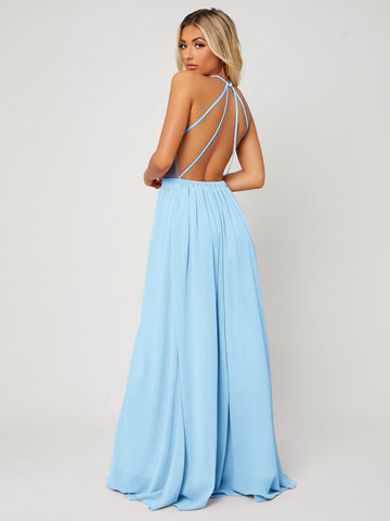 Backless Halter Neck Slit Thigh Prom Dress