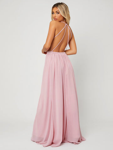 Backless Halter Neck Slit Thigh Prom Dress
