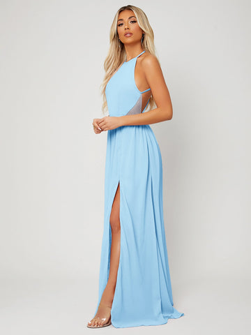 Backless Halter Neck Slit Thigh Prom Dress