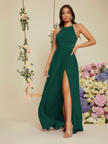 Backless Halter Neck Slit Thigh Prom Dress