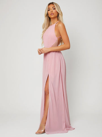 Backless Halter Neck Slit Thigh Prom Dress