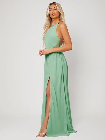 Backless Halter Neck Slit Thigh Prom Dress