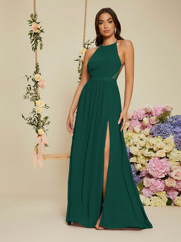 Backless Halter Neck Slit Thigh Prom Dress