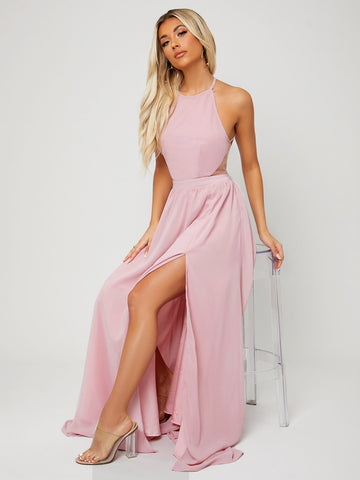 Backless Halter Neck Slit Thigh Prom Dress