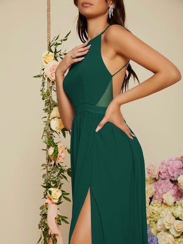 Backless Halter Neck Slit Thigh Prom Dress