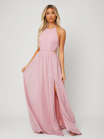 Backless Halter Neck Slit Thigh Prom Dress