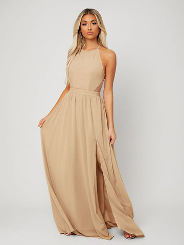 Backless Halter Neck Slit Thigh Prom Dress