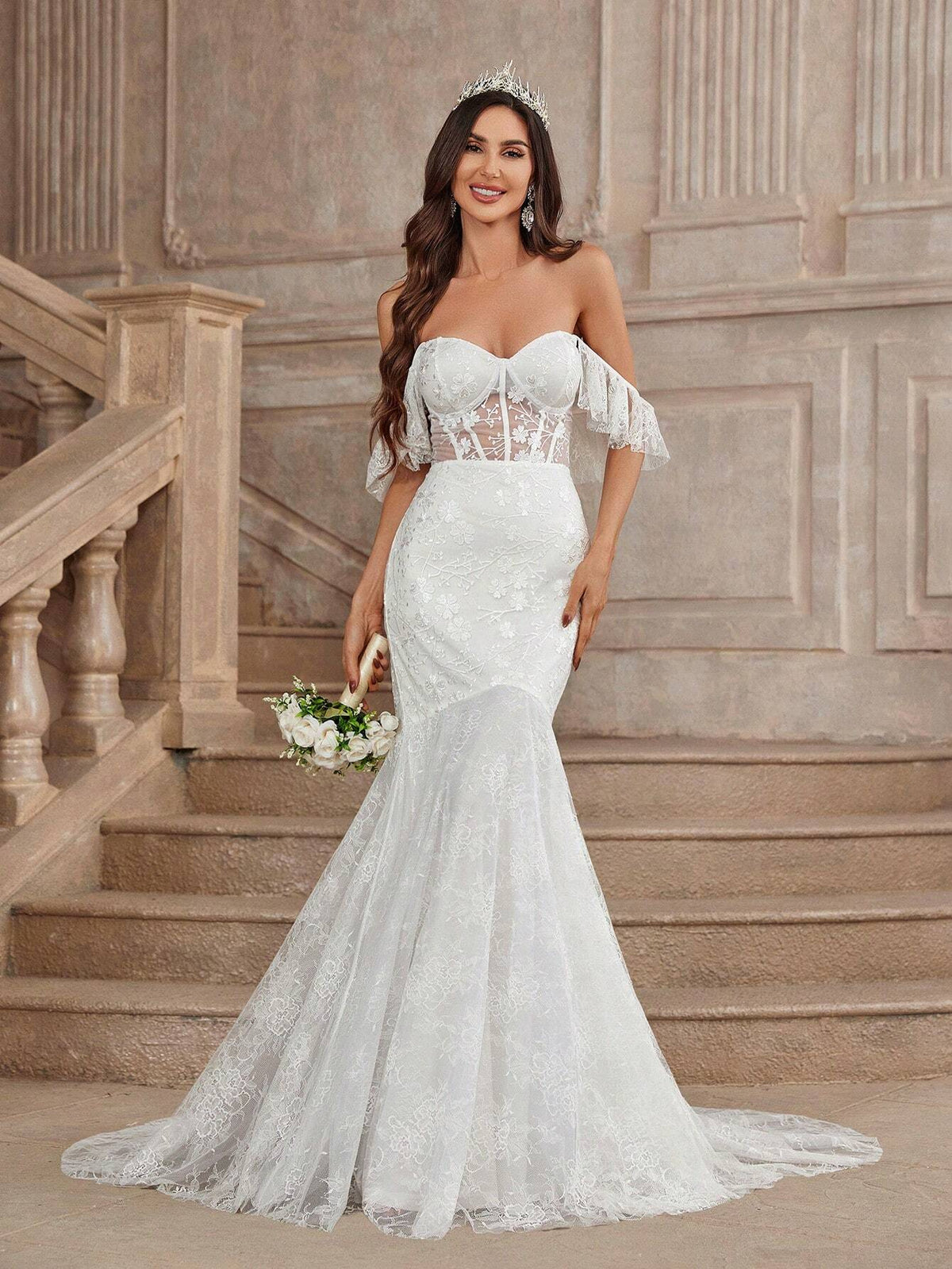 Is An Elegant, Gorgeous And Sexy Strapless Dress, With Off-Shoulder Ruffle Sleeves,  Fishnet Tulle Lace Mermaid Skirt Paired With A Long Train Wedding Dress