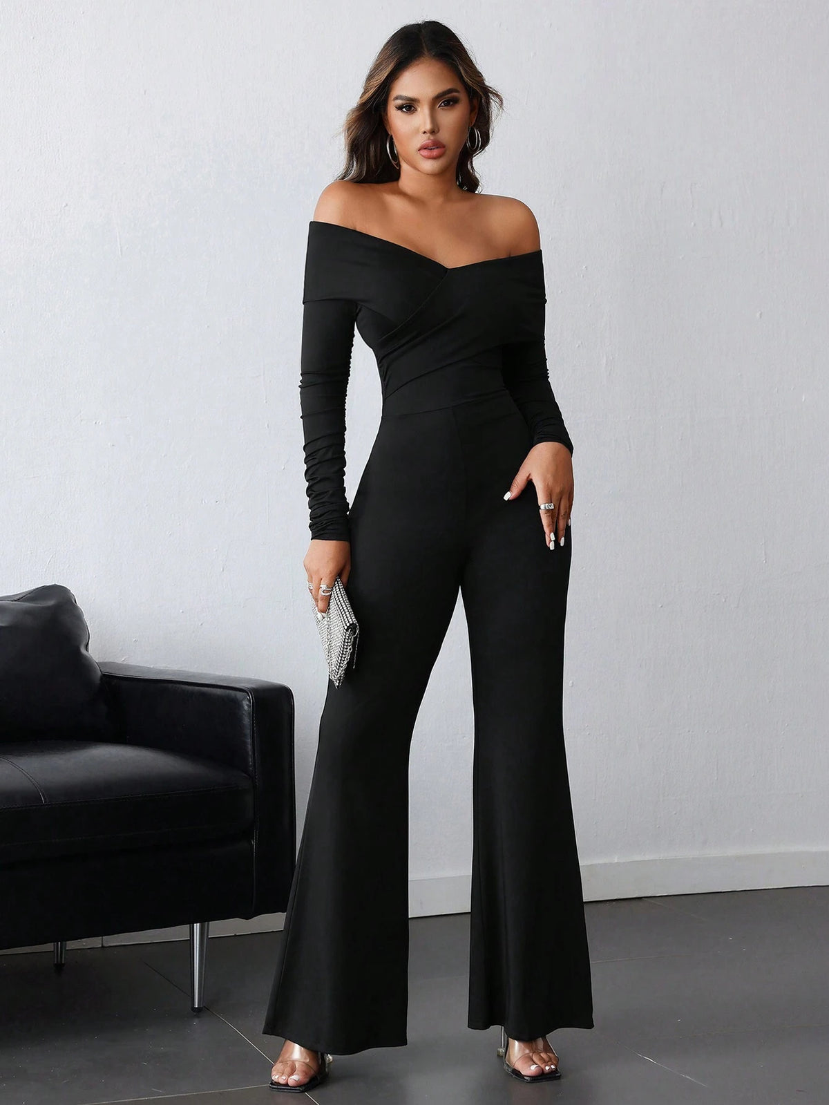 Black V-Neck Ruched Open Shoulder Long Sleeve Jumpsuit For Women