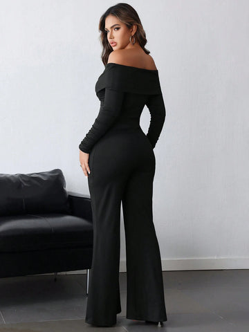 Black V-Neck Ruched Open Shoulder Long Sleeve Jumpsuit For Women