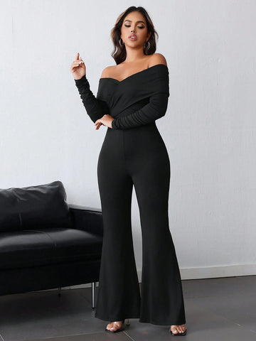 Black V-Neck Ruched Open Shoulder Long Sleeve Jumpsuit For Women