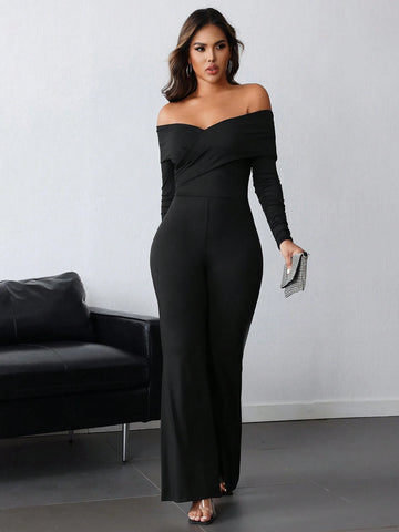 Black V-Neck Ruched Open Shoulder Long Sleeve Jumpsuit For Women