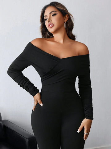 Black V-Neck Ruched Open Shoulder Long Sleeve Jumpsuit For Women