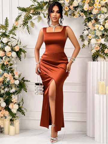 Bridesmaid Attire, Evening Dress, Elegant Dance Party Atmosphere, Square Neckline With Split And Pleated, Elegant And Luxurious Women's Long Dress