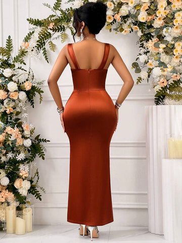 Bridesmaid Attire, Evening Dress, Elegant Dance Party Atmosphere, Square Neckline With Split And Pleated, Elegant And Luxurious Women's Long Dress