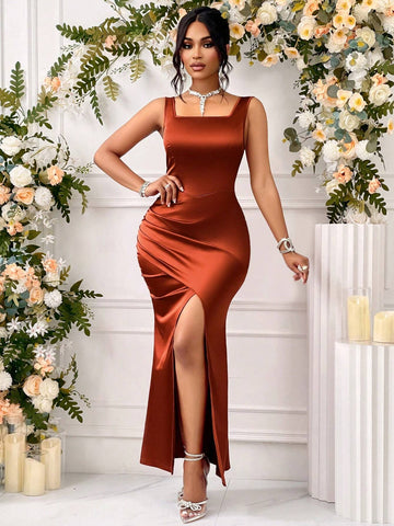 Bridesmaid Attire, Evening Dress, Elegant Dance Party Atmosphere, Square Neckline With Split And Pleated, Elegant And Luxurious Women's Long Dress