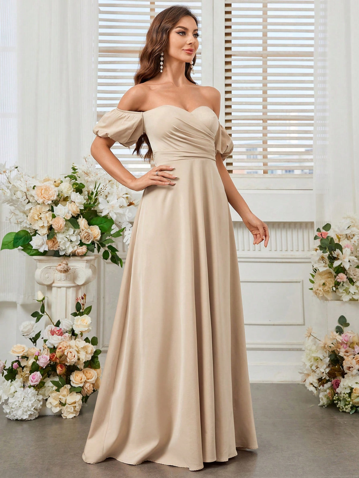 Bridesmaid Dress (Adult) With One Shoulder, Puff Sleeve, Ruffles And Flowy Skirt