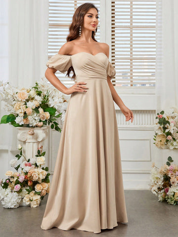 Bridesmaid Dress (Adult) With One Shoulder, Puff Sleeve, Ruffles And Flowy Skirt