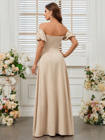 Bridesmaid Dress (Adult) With One Shoulder, Puff Sleeve, Ruffles And Flowy Skirt