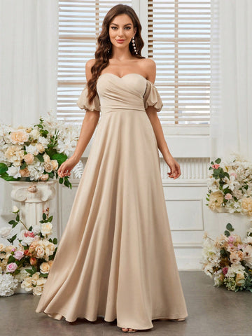 Bridesmaid Dress (Adult) With One Shoulder, Puff Sleeve, Ruffles And Flowy Skirt