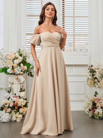 Bridesmaid Dress (Adult) With One Shoulder, Puff Sleeve, Ruffles And Flowy Skirt
