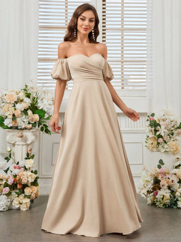 Bridesmaid Dress (Adult) With One Shoulder, Puff Sleeve, Ruffles And Flowy Skirt