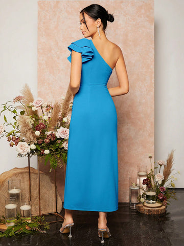 Bridesmaid Dress With Asymmetric Neckline And High Slit