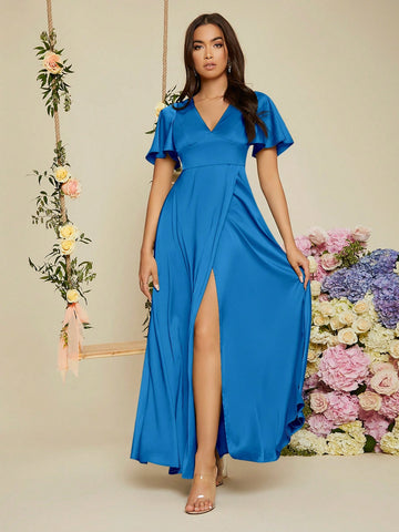 Bridesmaid Dress With Butterfly Sleeves And High Slit